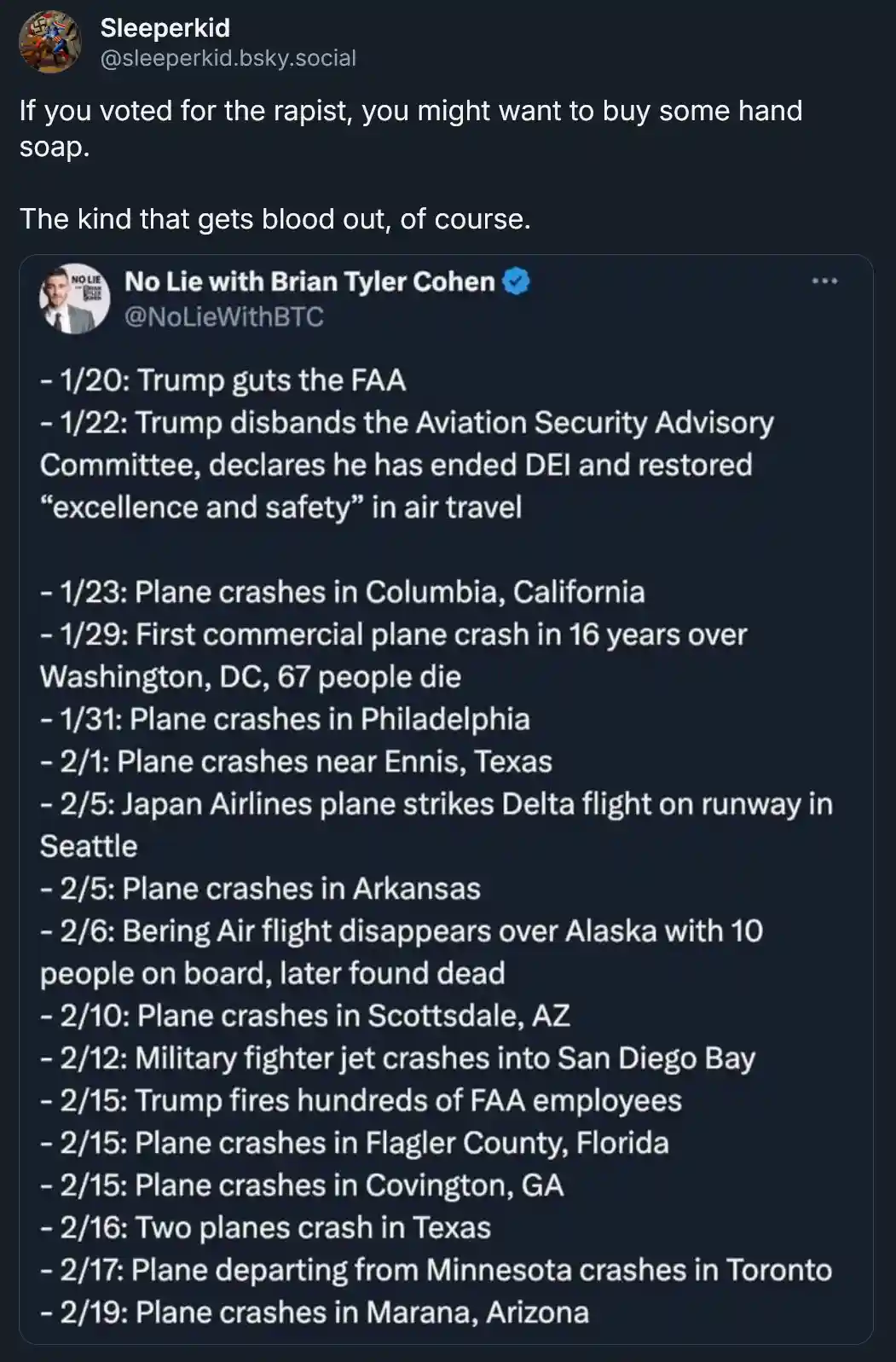 A screenshot of a social media post by 'Sleeperkid' that overlays text on a tweet from 'No Lie with Brian Tyler Cohen'. The…