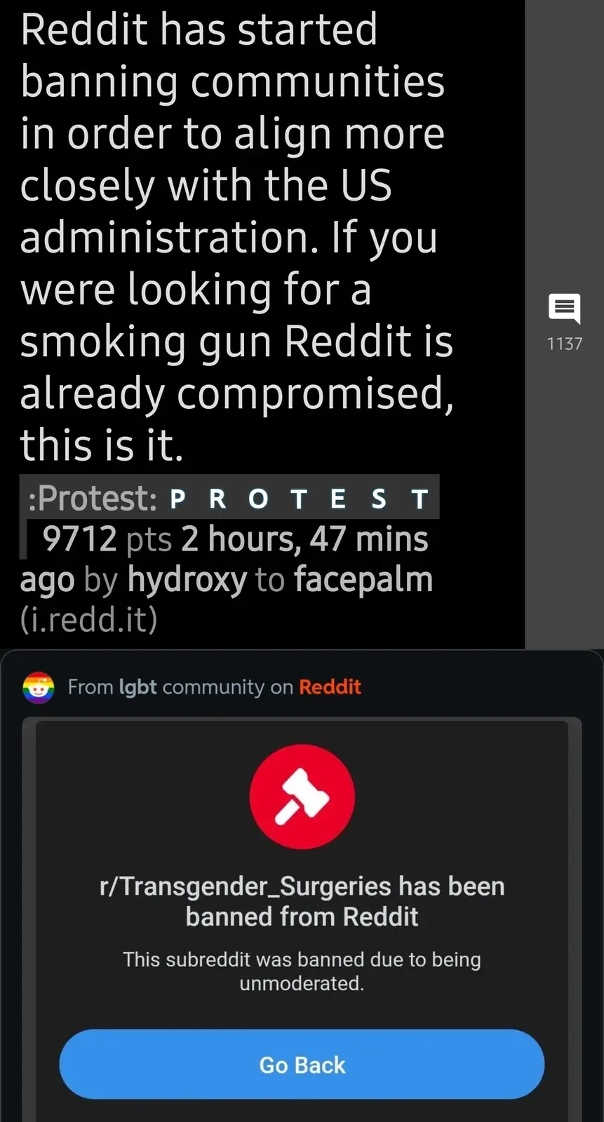 The image shows a Reddit post claiming Reddit is compromising free speech by banning communities to align with the US…