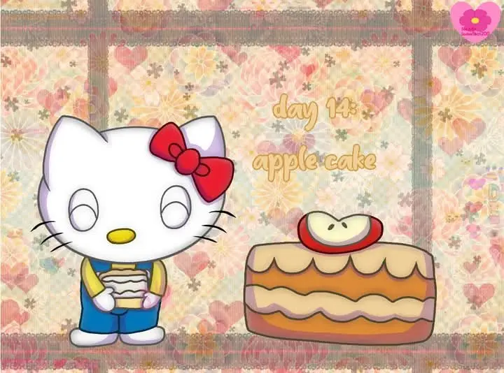 A cartoon Hello Kitty character with a red bow stands holding a small cake, next to a larger apple cake topped with an apple…