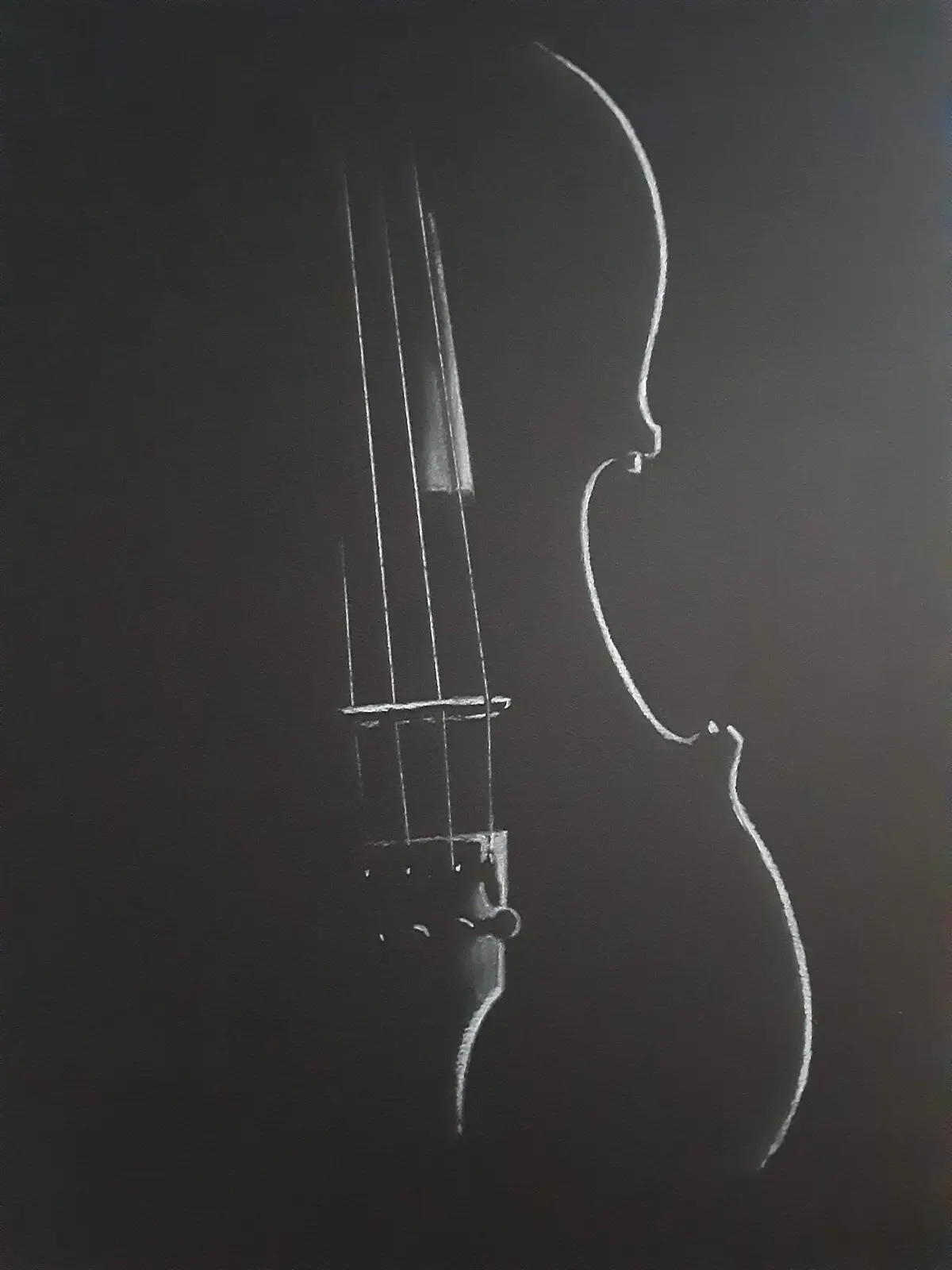 A chalk drawing on a dark surface depicts a violin, but its body is shaped like a human face in profile, with the…