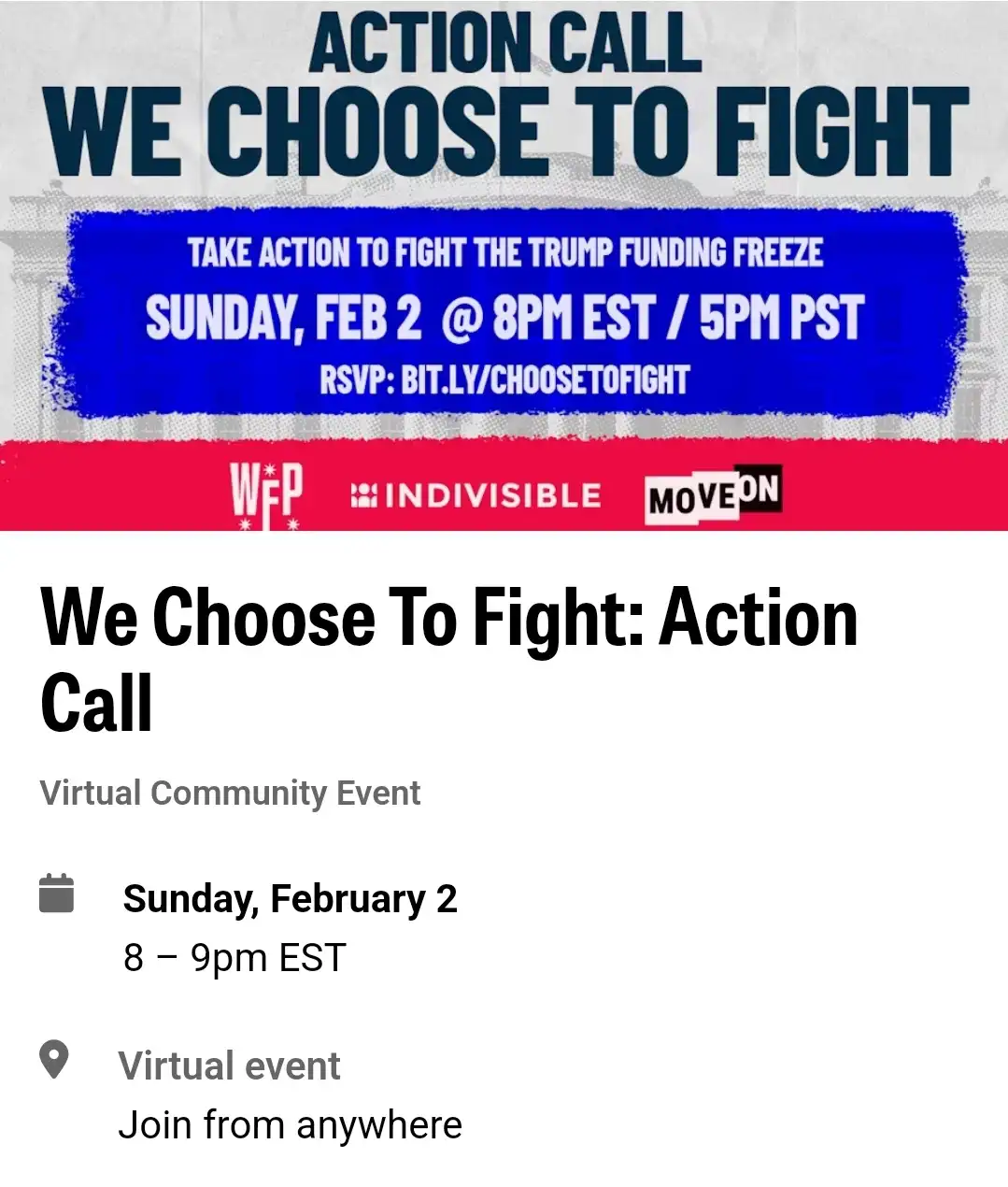 The image is a promotional graphic for a virtual community event titled 'We Choose To Fight: Action Call,' organized by WFP…