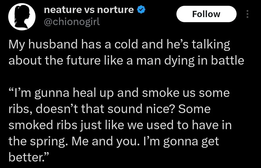 A screenshot of a tweet from the account 'neature vs norture' (@chionogirl) with a black background and white text. The…