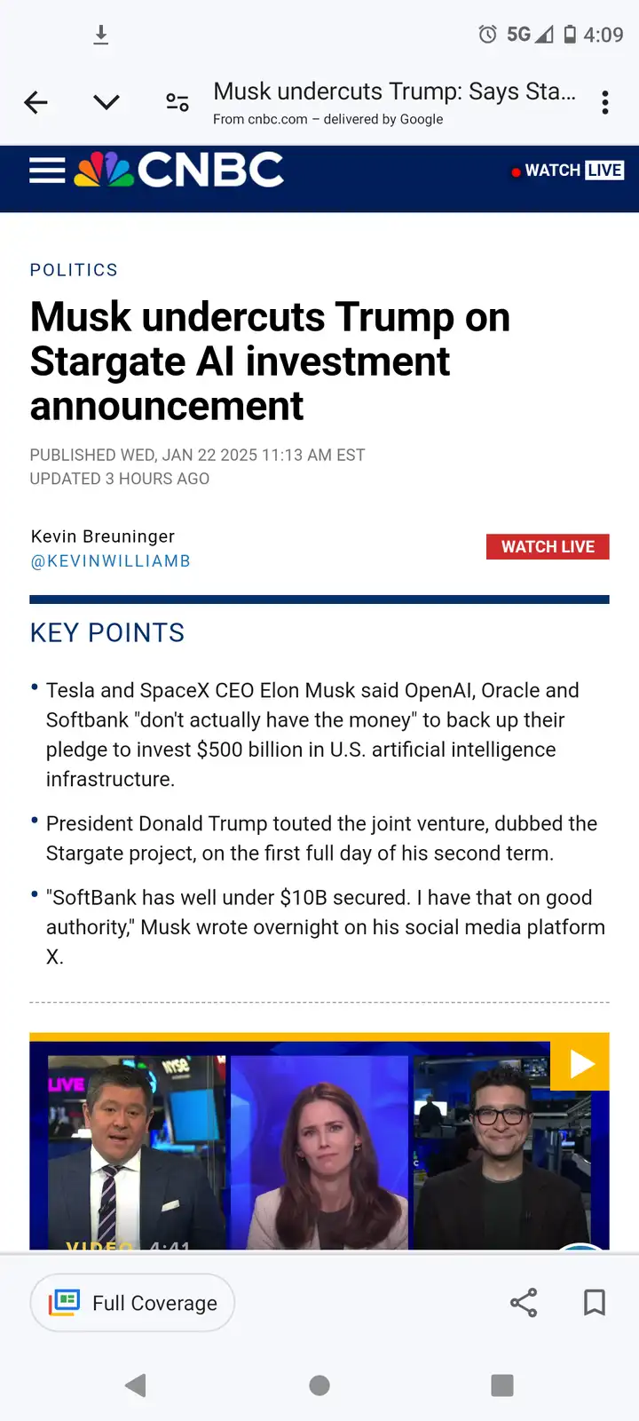 A screenshot of a CNBC news article titled 'Musk undercuts Trump on Stargate AI investment announcement' from January 22…