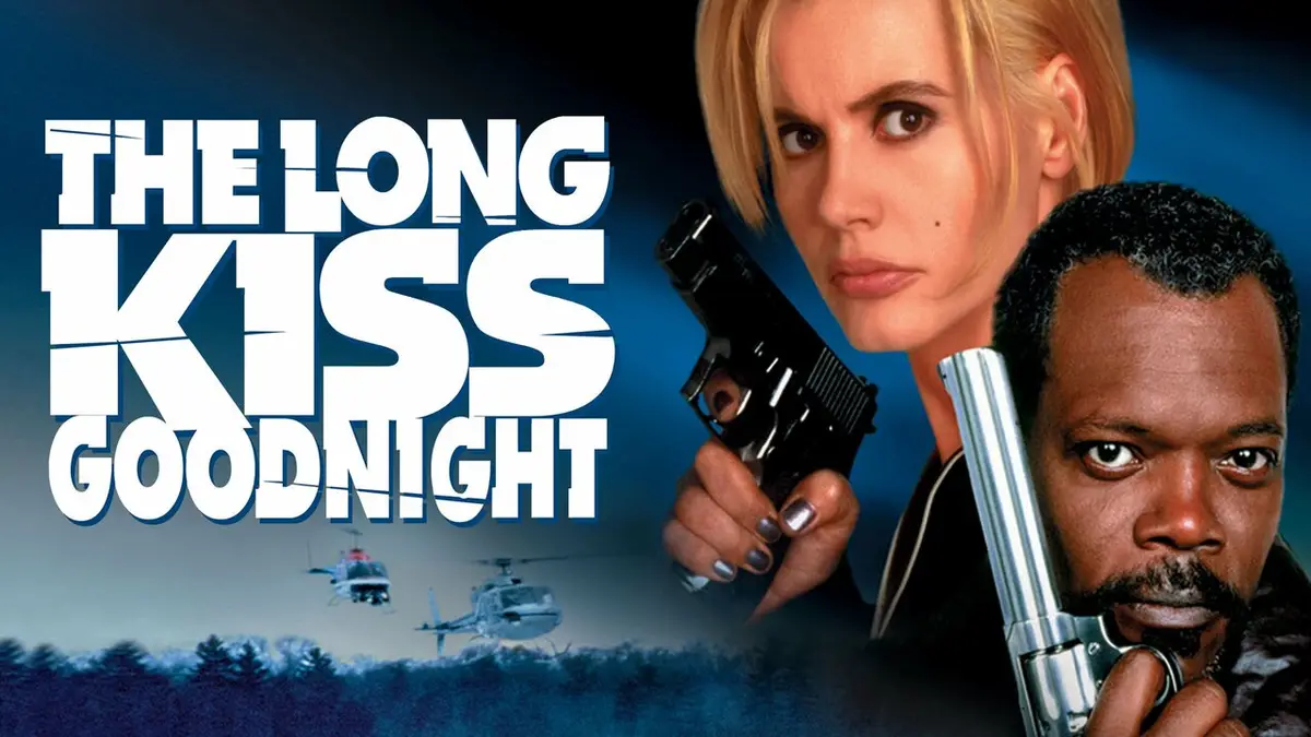 A promotional poster for the 1996 film 'The Long Kiss Goodnight' featuring actress Geena Davis holding a black handgun and…