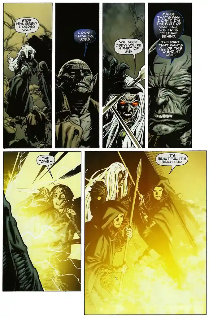 A comic panel sequence shows a dark, monstrous boss ordering his subordinate Grey to stop an action, but Grey refuses. The…