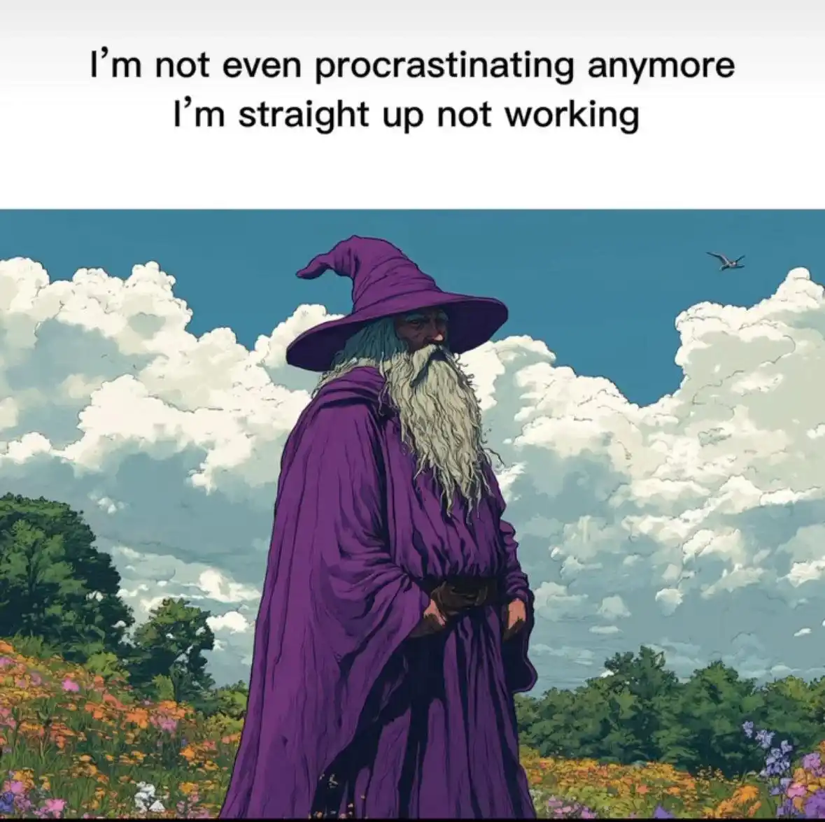 An illustration of a wizard in a purple robe and pointed hat stands in a field of colorful wildflowers under a cloudy sky…