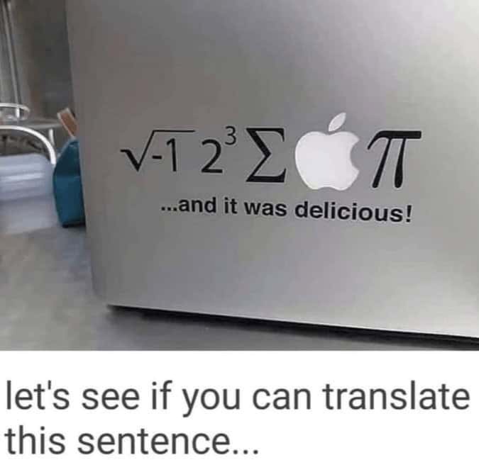 A close-up of a silver laptop's lid shows a sticker with math symbols: square root of -1, 2 cubed, summation, an Apple logo…