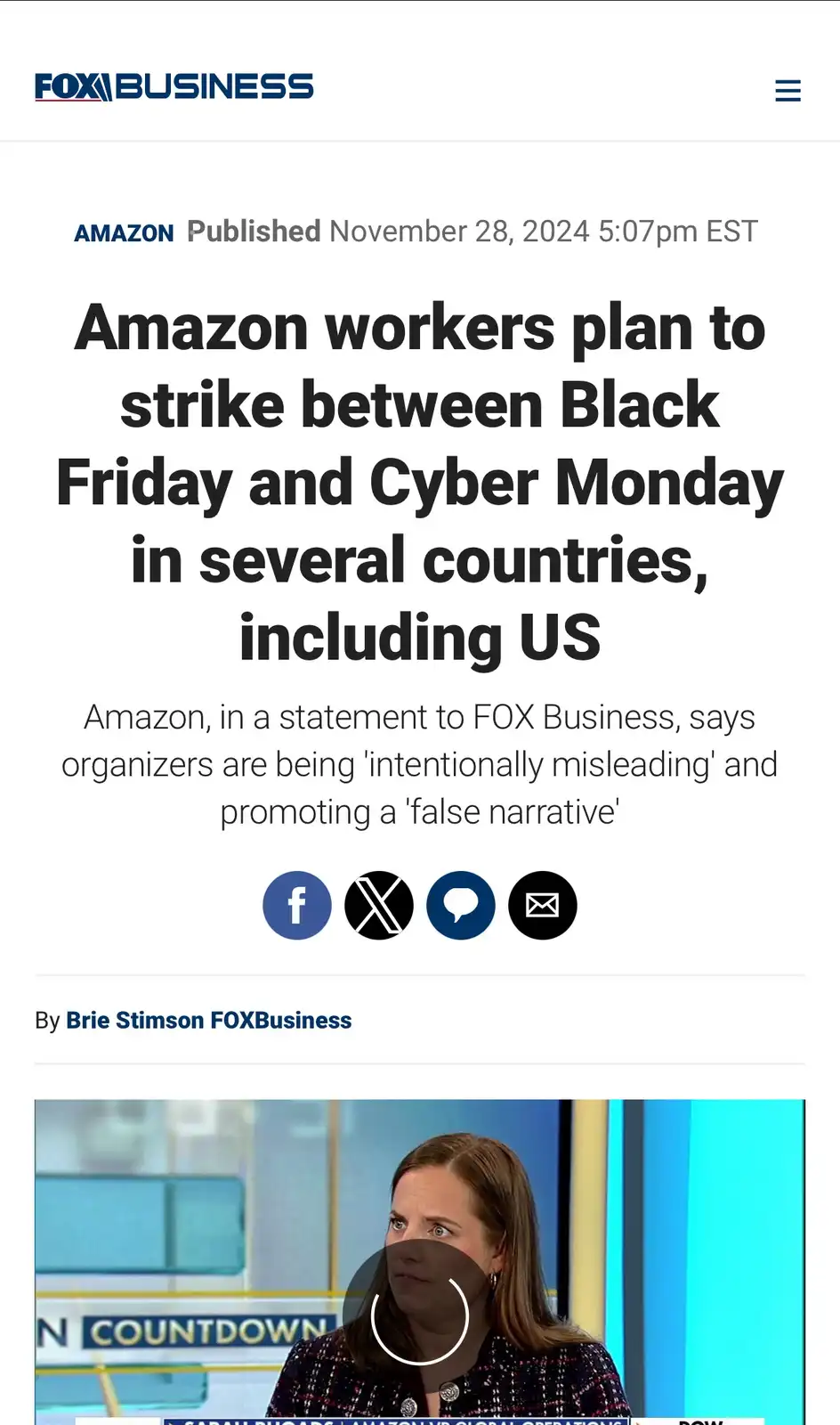 A screenshot of a Fox Business news article about Amazon workers planning strikes during Black Friday and Cyber Monday. The…