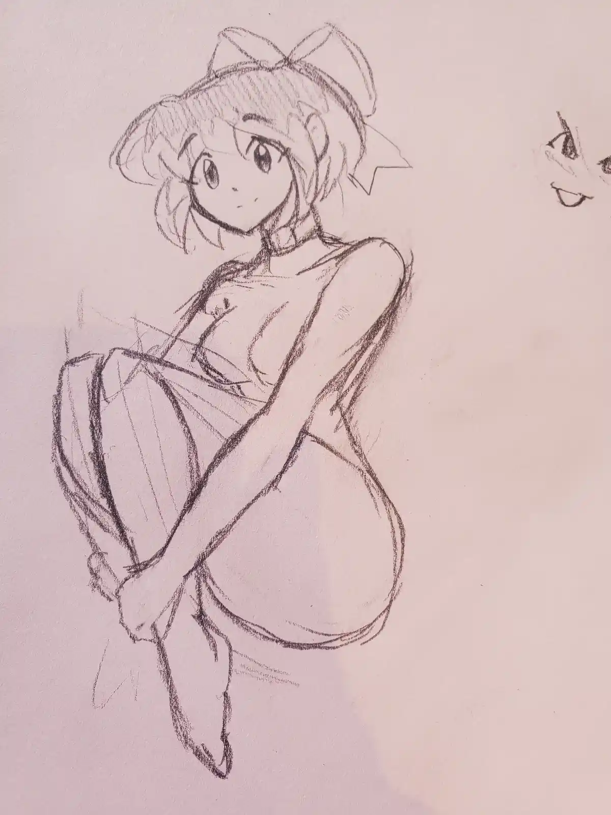 A pencil sketch of an anime-style girl with a bow in her hair, sitting cross-legged and looking forward. In the top right…