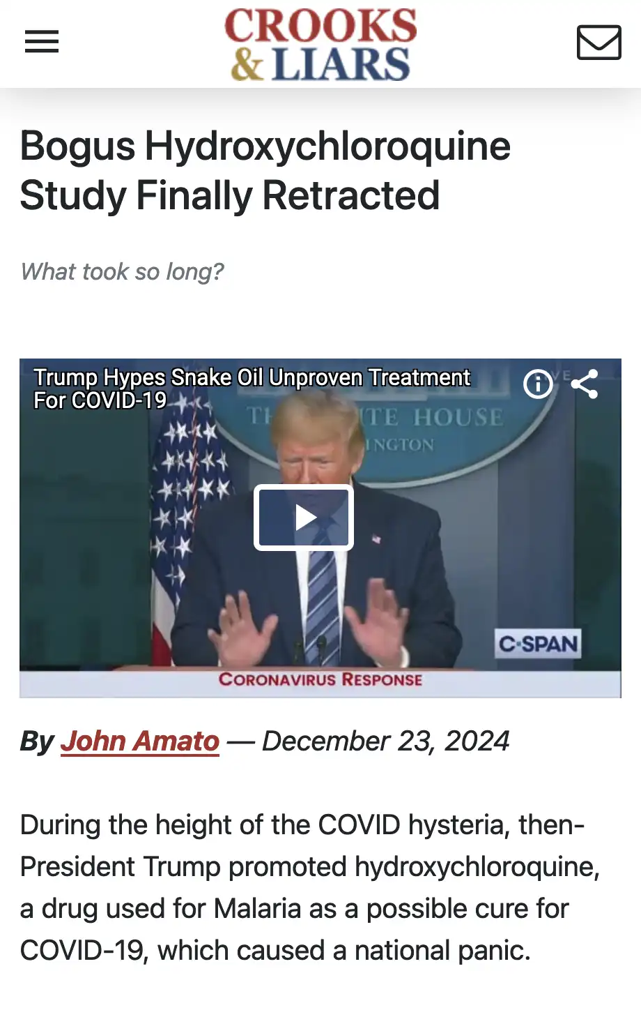 A screenshot of a 'Crooks & Liars' article titled 'Bogus Hydroxychloroquine Study Finally Retracted' with a video thumbnail…