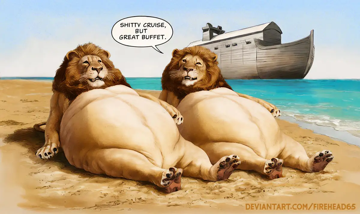 Two extremely overweight lions are lounging on a sandy beach, looking content despite their size. In the background, Noah's…