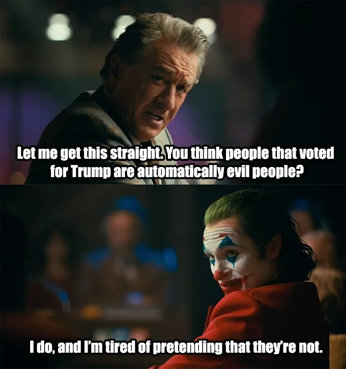The meme features two panels from the movie 'Joker'. The top panel shows a man with gray hair and a serious expression…
