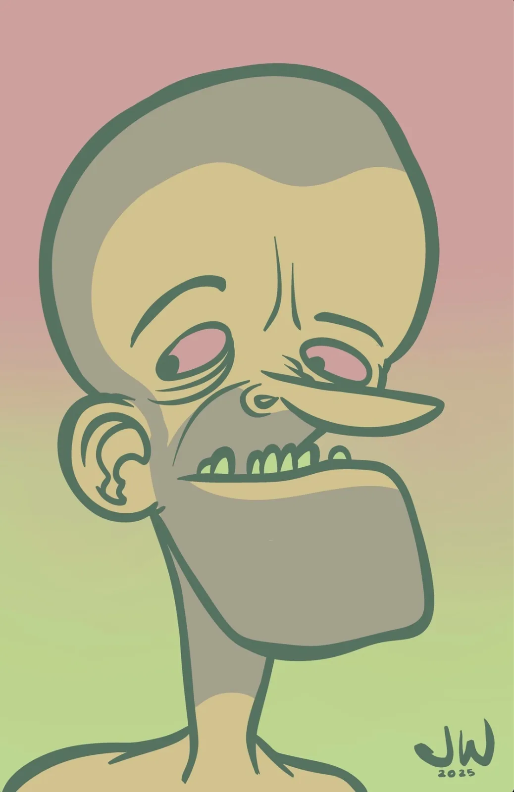A cartoon illustration of a bald man with a long, exaggerated nose, droopy eyes, and a wide, toothy grin against a…