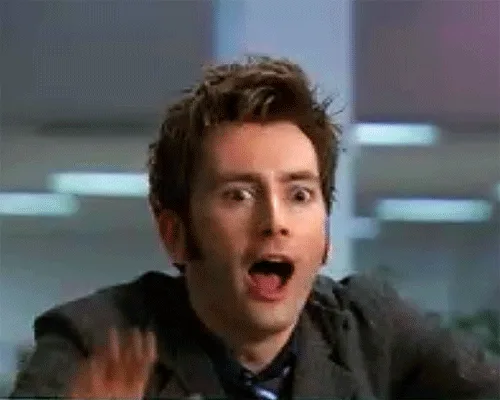 A six-panel grid shows actor David Tennant in a dark jacket, reacting with escalating shock and excitement. Top row: his…
