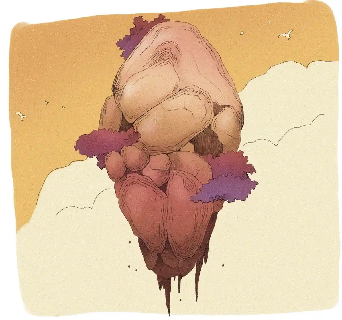 An illustration of a large, textured, reddish-brown heart-shaped object with purple, leafy growths on its sides, suspended…