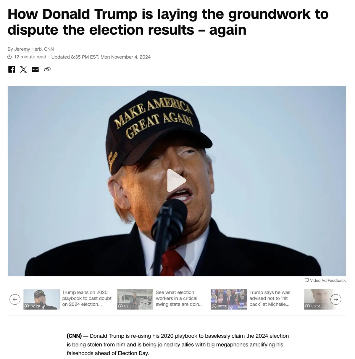 A screenshot of a CNN article shows Donald Trump wearing a 'Make America Great Again' cap while speaking into a microphone…