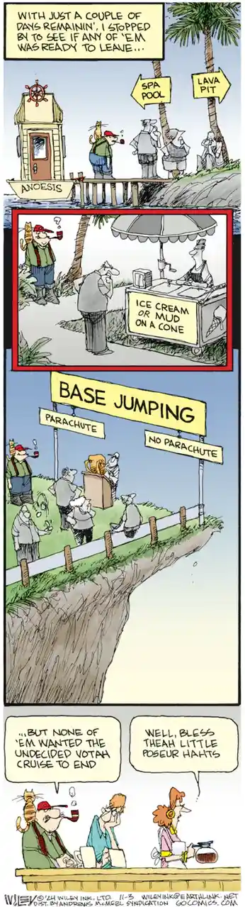 A comic strip shows a man with a cat on his shoulder checking if vacationers are ready to leave. He sees people at a 'spa…