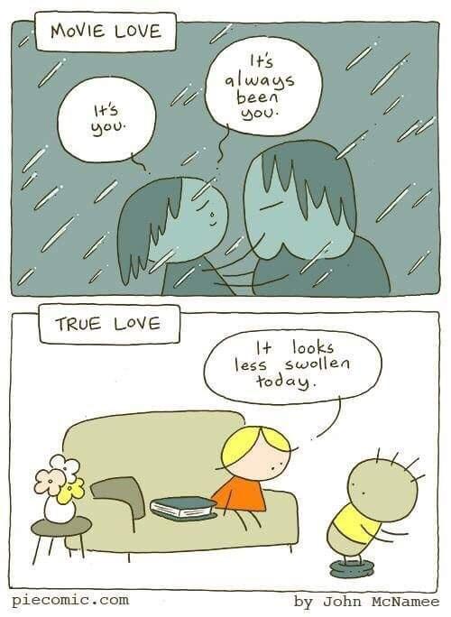 A two-panel comic strip by John McNamee. The top panel shows two people in a romantic embrace under rain, with speech…