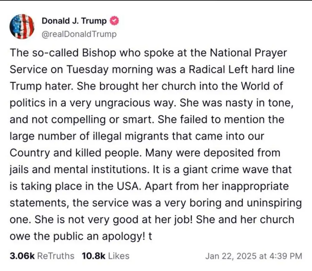 A screenshot of a tweet from Donald J. Trump's verified Twitter account, dated January 22, 2025, at 4:39 PM. The tweet is a…