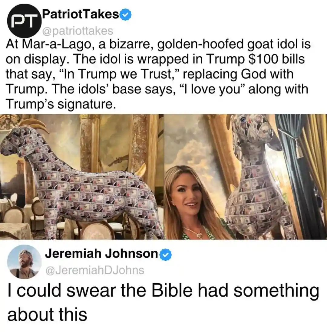 The image shows a golden-hoofed goat idol wrapped in $100 bills featuring Donald Trump's portrait, displayed in a luxurious…