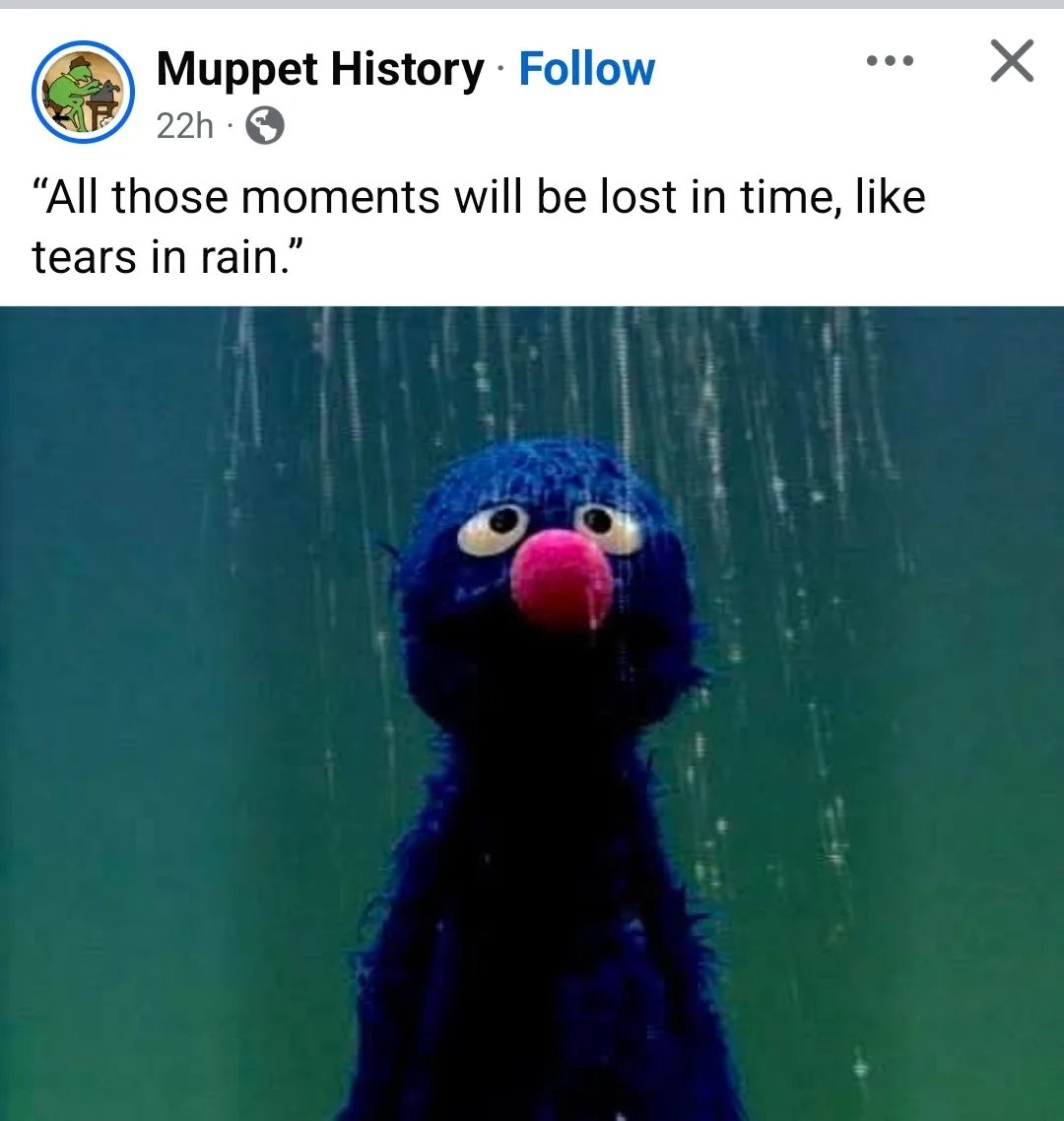 A screenshot of a social media post from 'Muppet History' shows a blue, furry Muppet character, Grover, standing in heavy…
