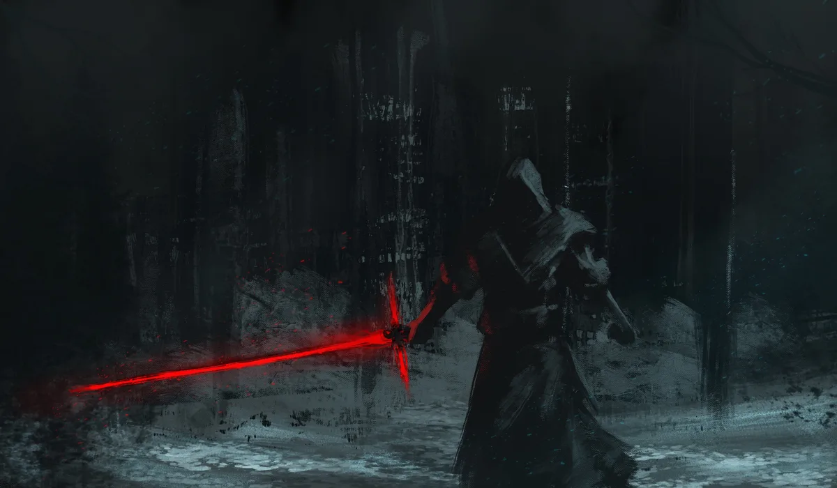 A dark, hooded figure stands in a snowy, forested area holding a glowing red lightsaber. The scene is moody and atmospheric…