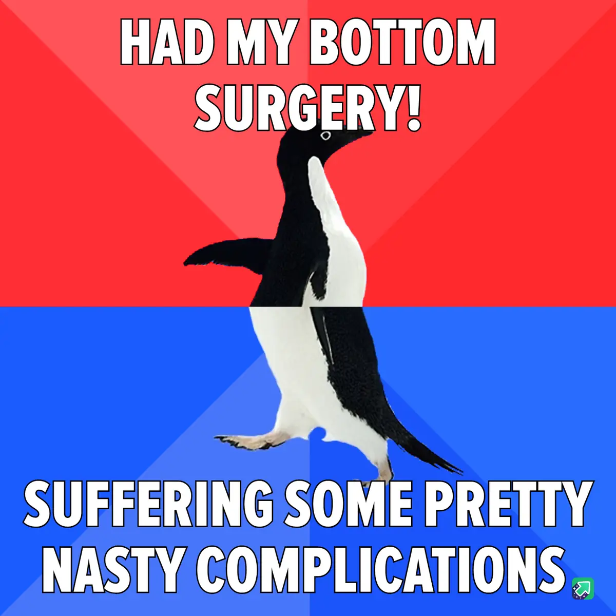 A penguin stands upright against a red and blue background, with bold white text at the top reading 'HAD MY BOTTOM SURGERY!'…
