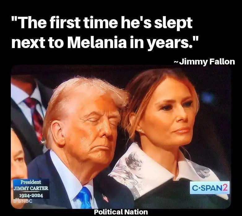 A still from a C-SPAN2 broadcast of 'Political Nation' shows former President Jimmy Carter and Melania Trump seated next to…