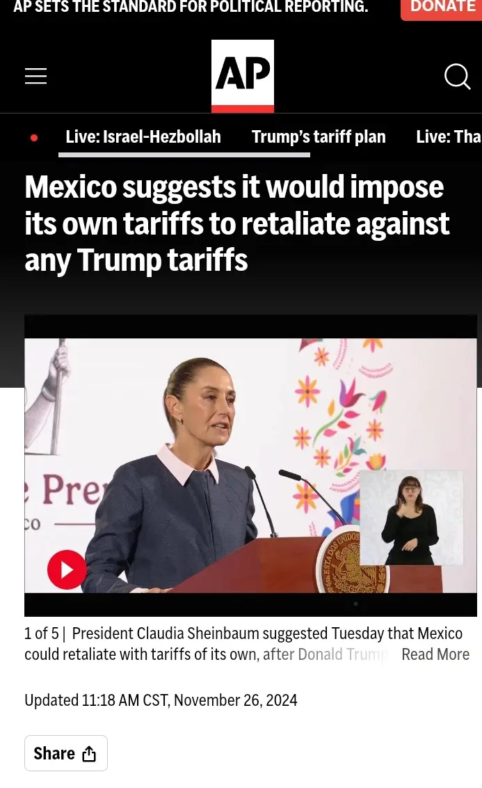 A screenshot of an Associated Press news article shows President Claudia Sheinbaum speaking at a podium, with a news…