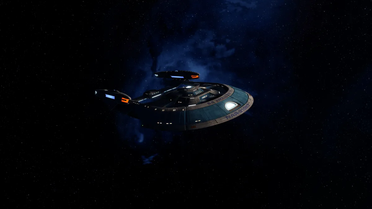 A starship resembling a Star Trek vessel is shown in space, with the text 'S.S. APOLLO VII' and 'NAR-91563' visible on its…