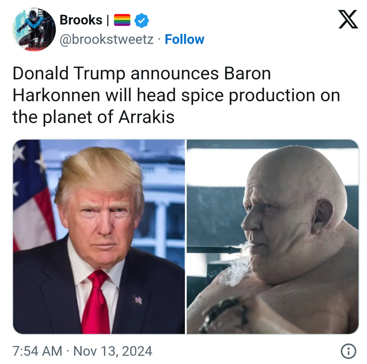 A split-screen image shows Donald Trump on the left in a suit with an American flag behind him, and Baron Harkonnen on the…