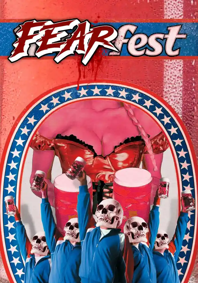 A poster parodying a horror film festival, featuring a large, muscular woman in a red bra with a patriotic American flag…