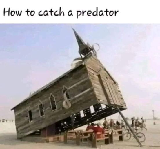 A tilted, wooden church-like structure on a beach with people sitting at benches underneath it, with the text 'How to catch…