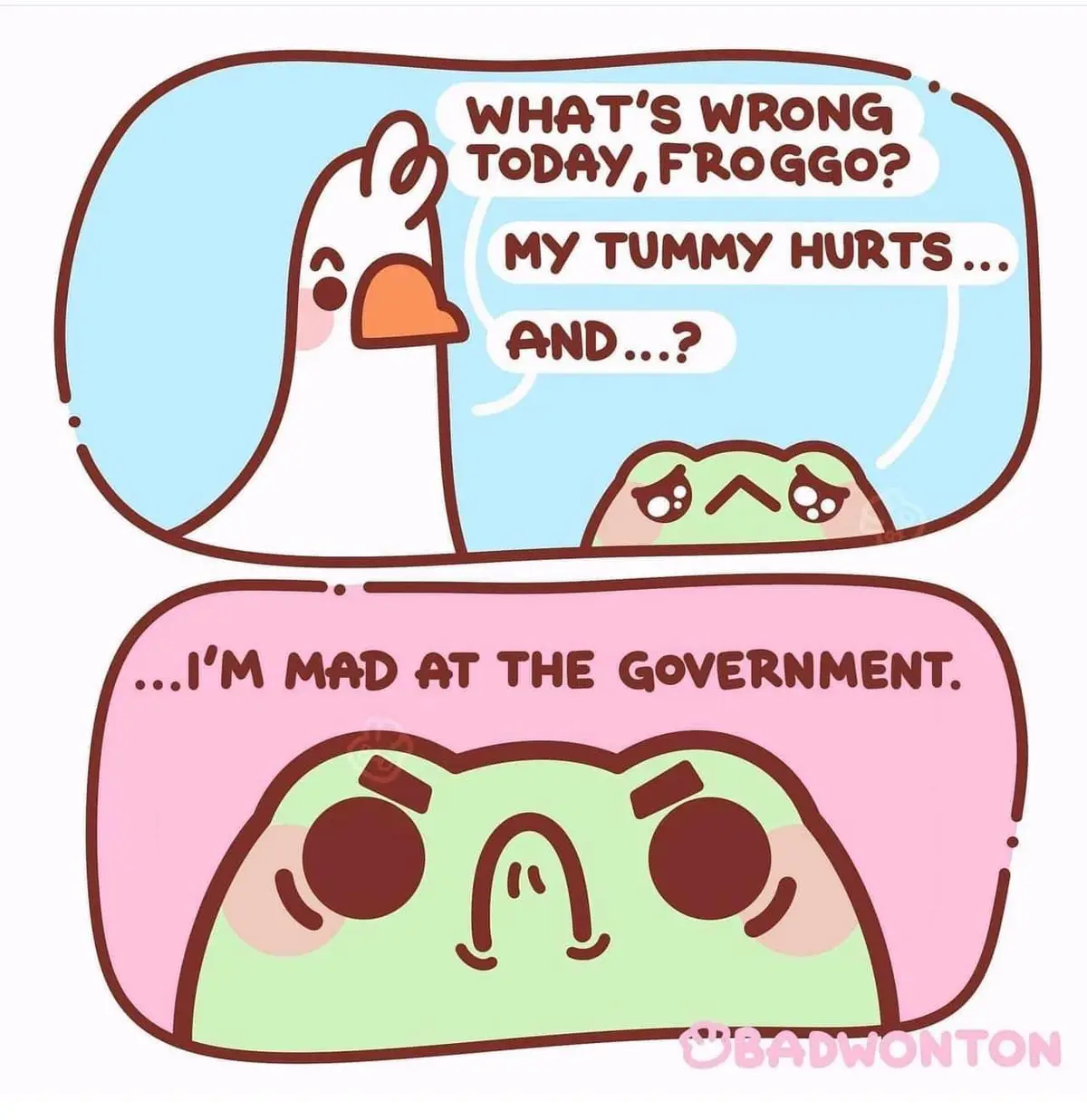 A two-panel cartoon shows a white goose asking a green frog what's wrong. The frog says its tummy hurts, and when asked…