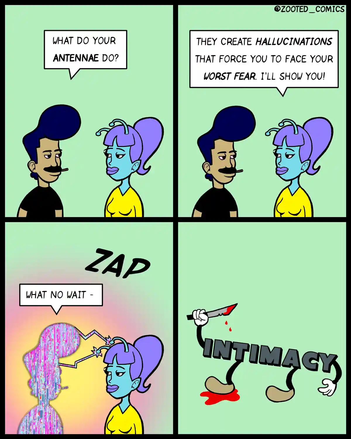 A four-panel comic shows a blue-skinned alien woman with antennae explaining to a man that her antennae create…