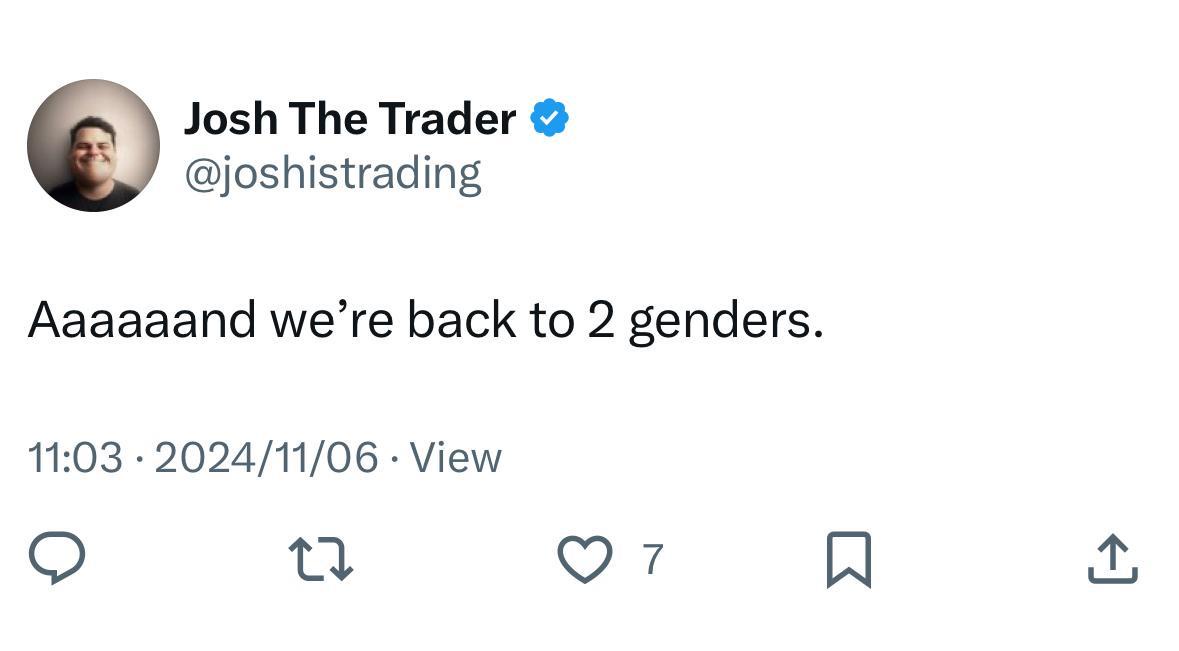 A screenshot of a tweet from verified Twitter account 'Josh The Trader' (@joshistrading) showing the text 'Aaaaaand we're…