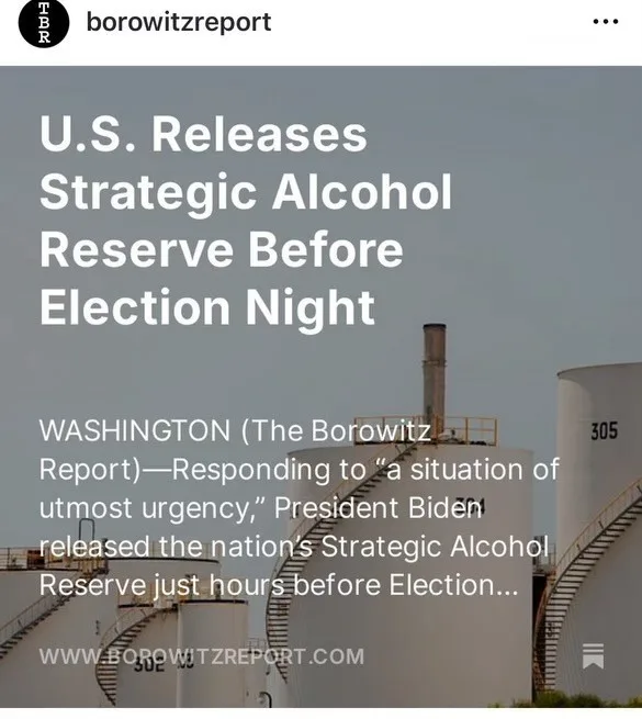 An image of large white industrial alcohol storage tanks with overlaid text mimicking a satirical news report from 'The…