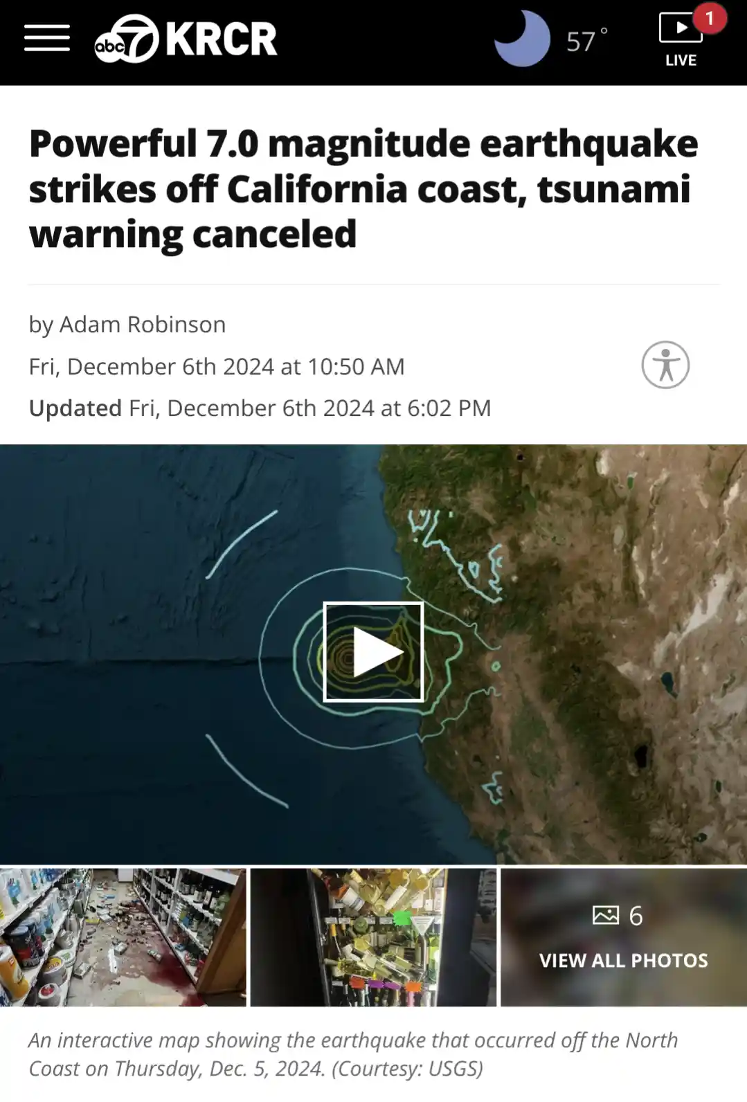 A screenshot of a KRCR news article about a 7.0 magnitude earthquake off California's coast, with a map showing the…