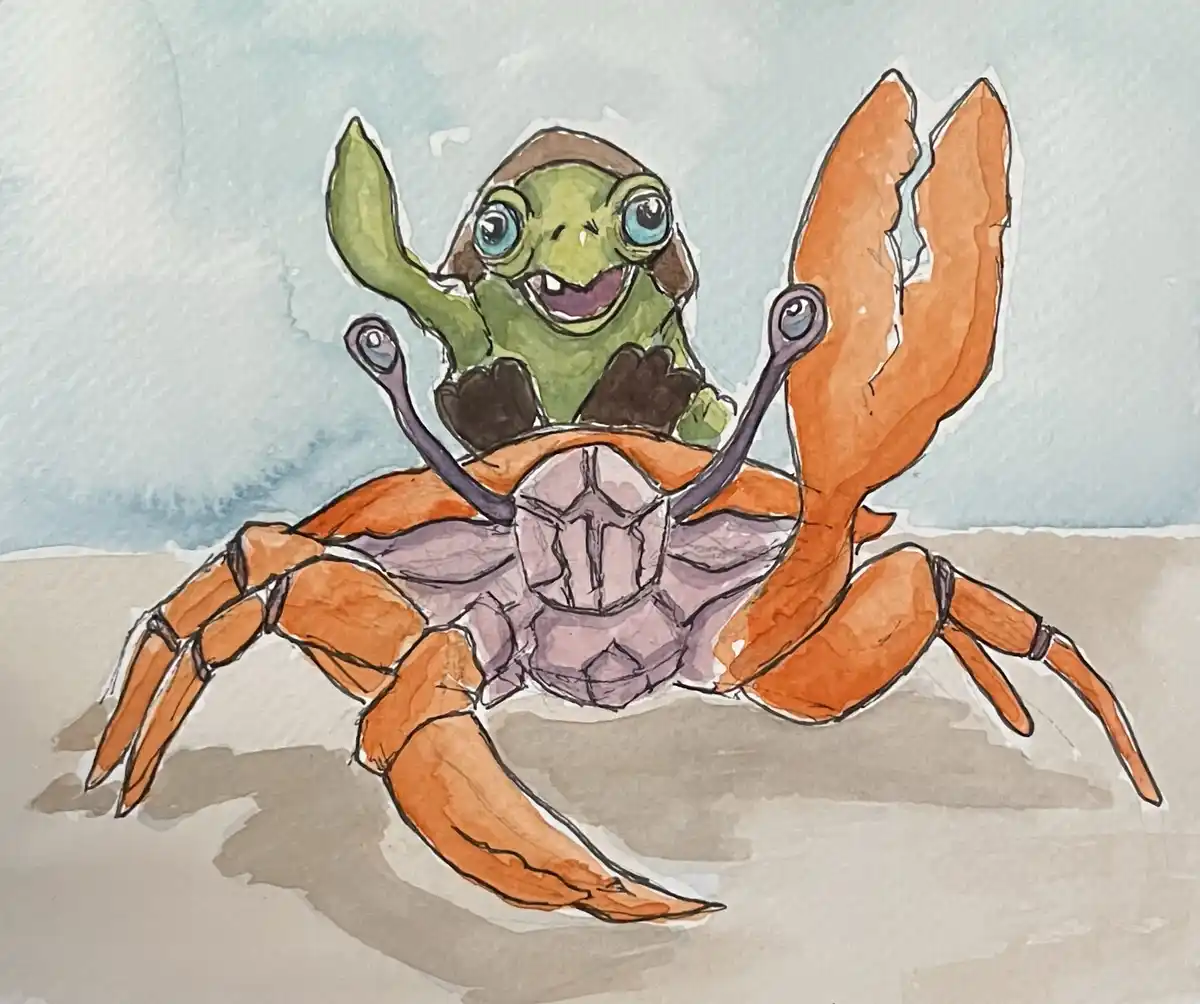 A watercolor drawing shows a cartoonish orange crab with a purple shell, standing on sand with a light blue background. A…