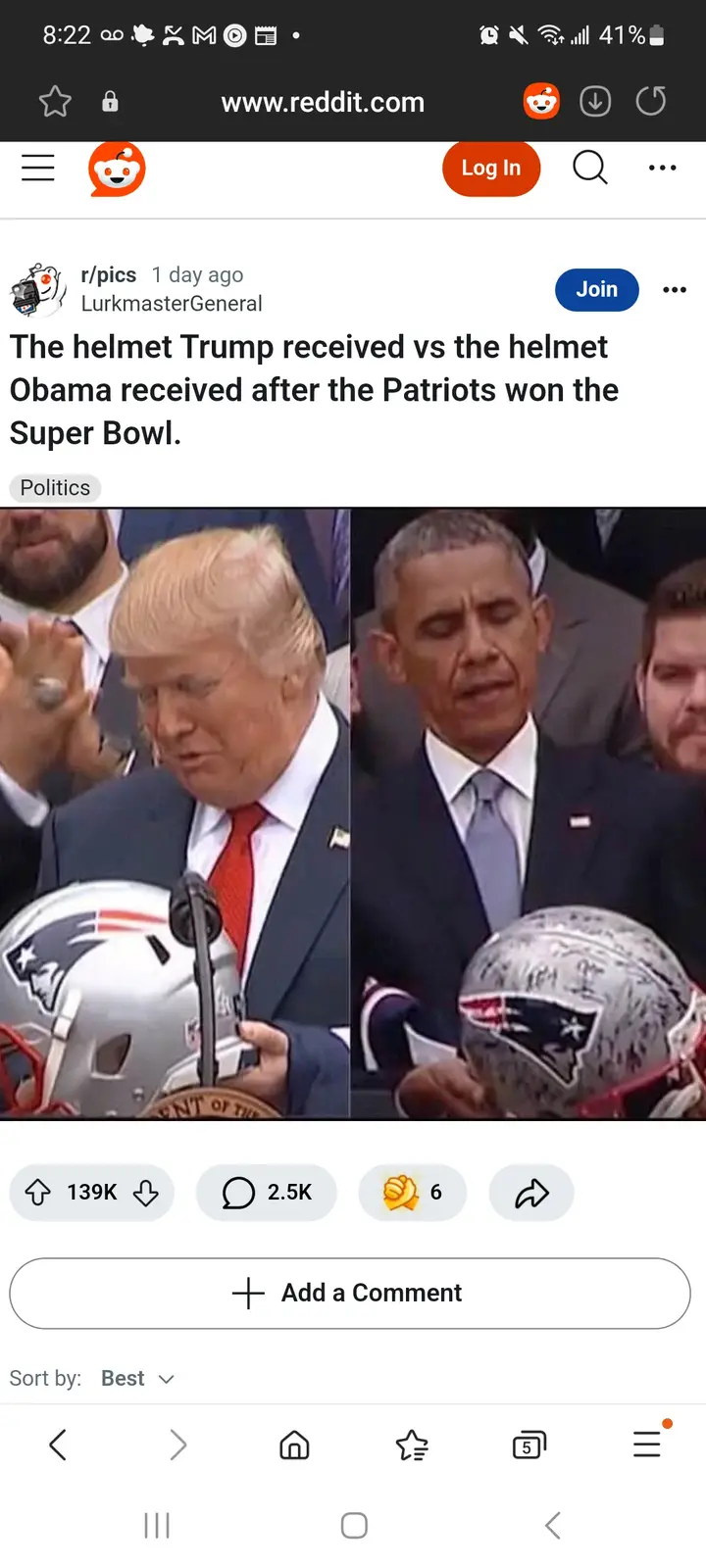 A side-by-side image shows Donald Trump holding a clean, pristine New England Patriots helmet, while Barack Obama holds a…