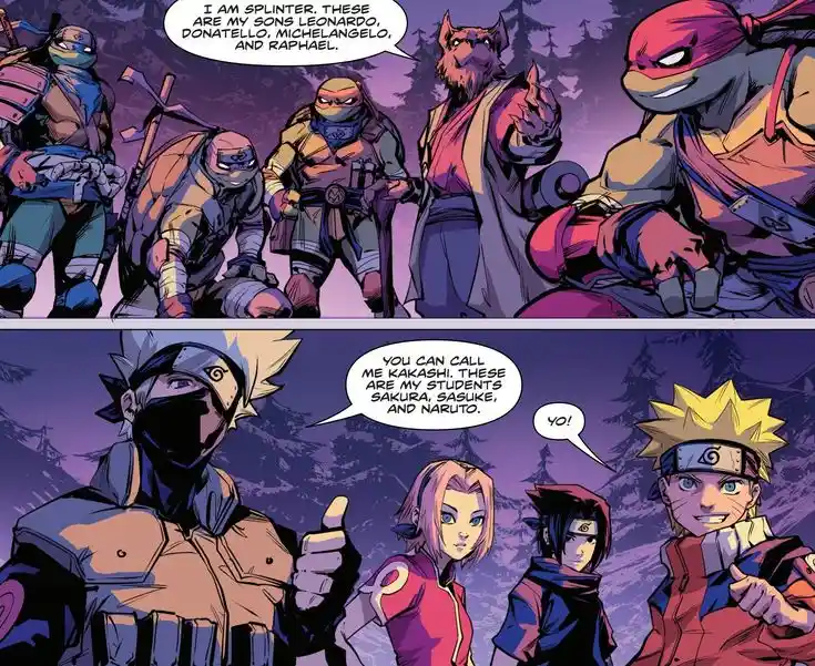 The image is a two-panel comic strip. The top panel shows Splinter introducing his four turtle sons from Teenage Mutant…