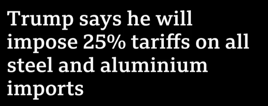 The image is a solid black background with large, white, sans-serif text centered that reads: 'Trump says he will impose 25%…