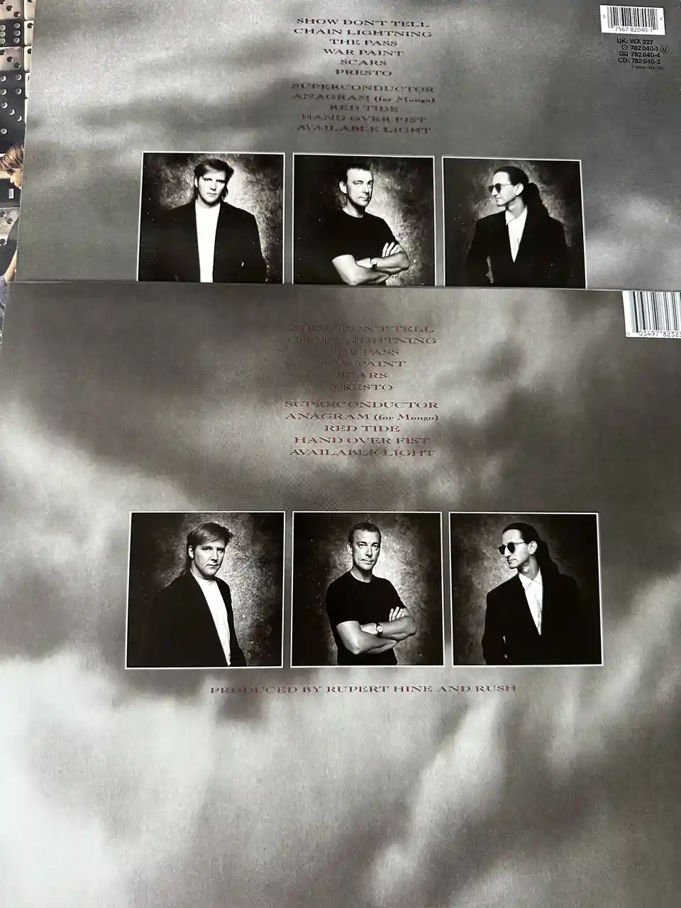 The image shows the back cover of Rush's 1989 album 'Presto', featuring three black-and-white portraits of the band members…