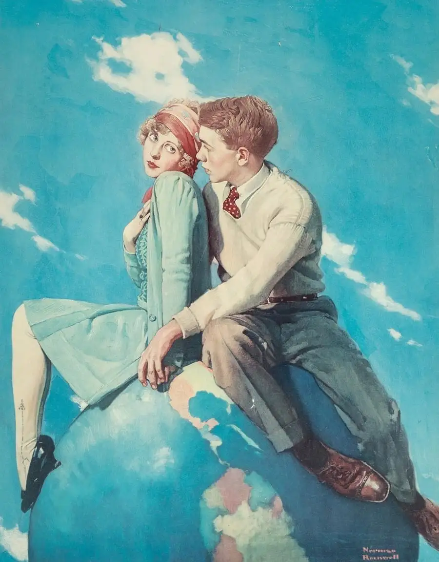 A vintage painting shows a young man and woman sitting atop a globe against a blue sky with clouds. The woman, wearing a red…