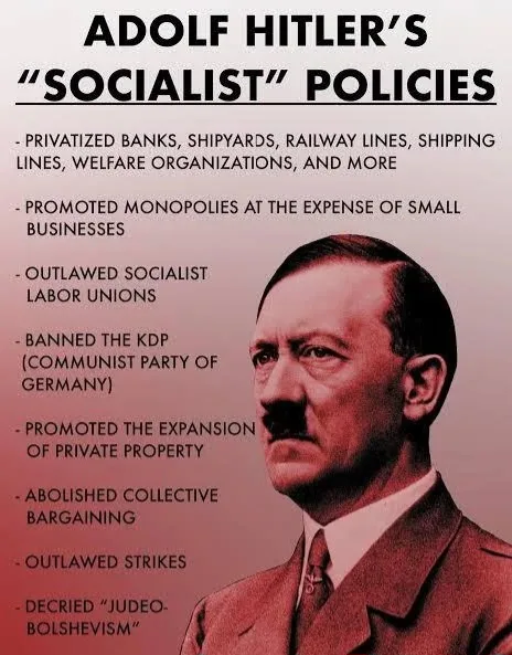A historical image of Adolf Hitler is overlaid with text listing policies labeled as his 'Socialist' policies, which include…