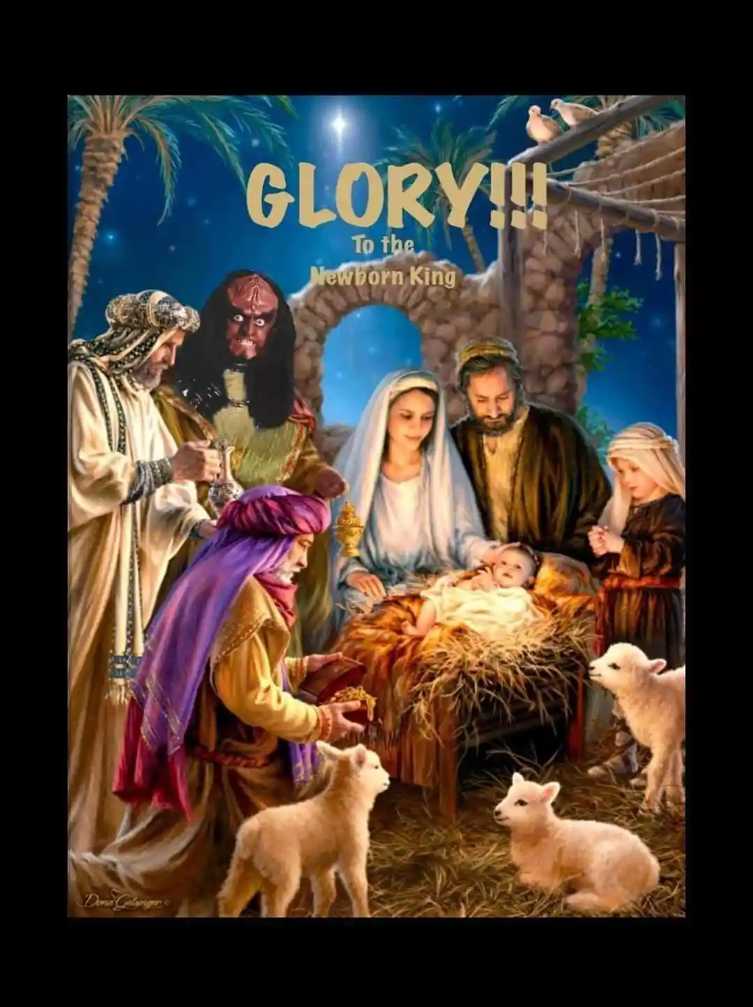 A religious painting depicts the nativity scene with Mary, Joseph, and baby Jesus in a manger, surrounded by sheep and three…
