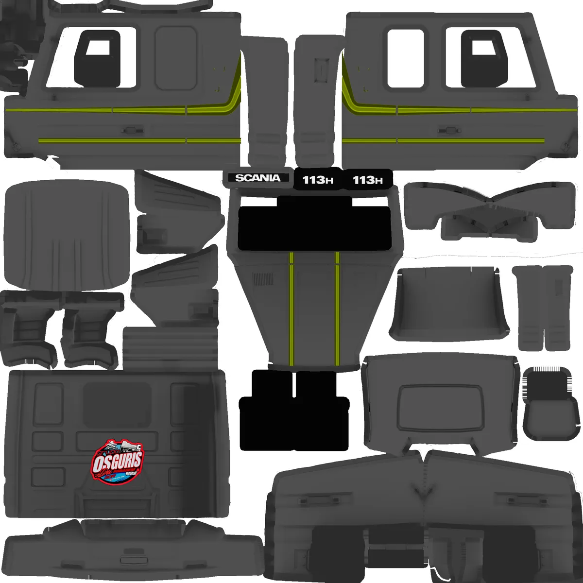 A grayscale, top-down view of a Scania 113H truck chassis with yellow accent lines, featuring a 'Grupo Osguris' logo on the…