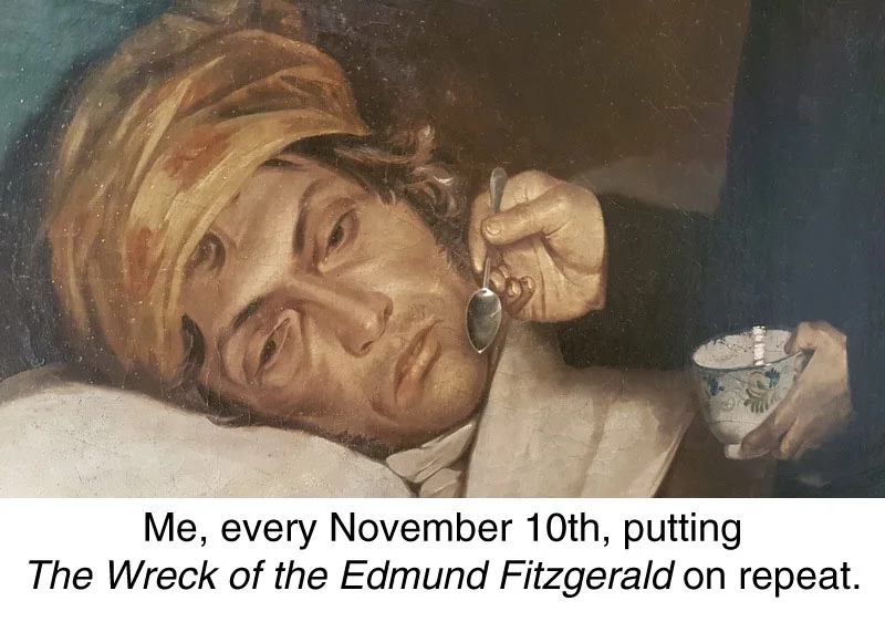 A classical painting depicts a man in a turban-like head covering, lying in bed with a weary expression, holding a spoon to…