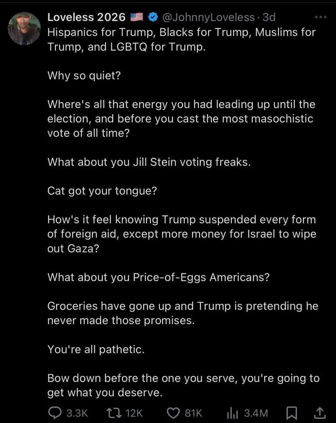 A screenshot of a Twitter post by 'Loveless 2026' with white text on a black background, listing grievances against voters…