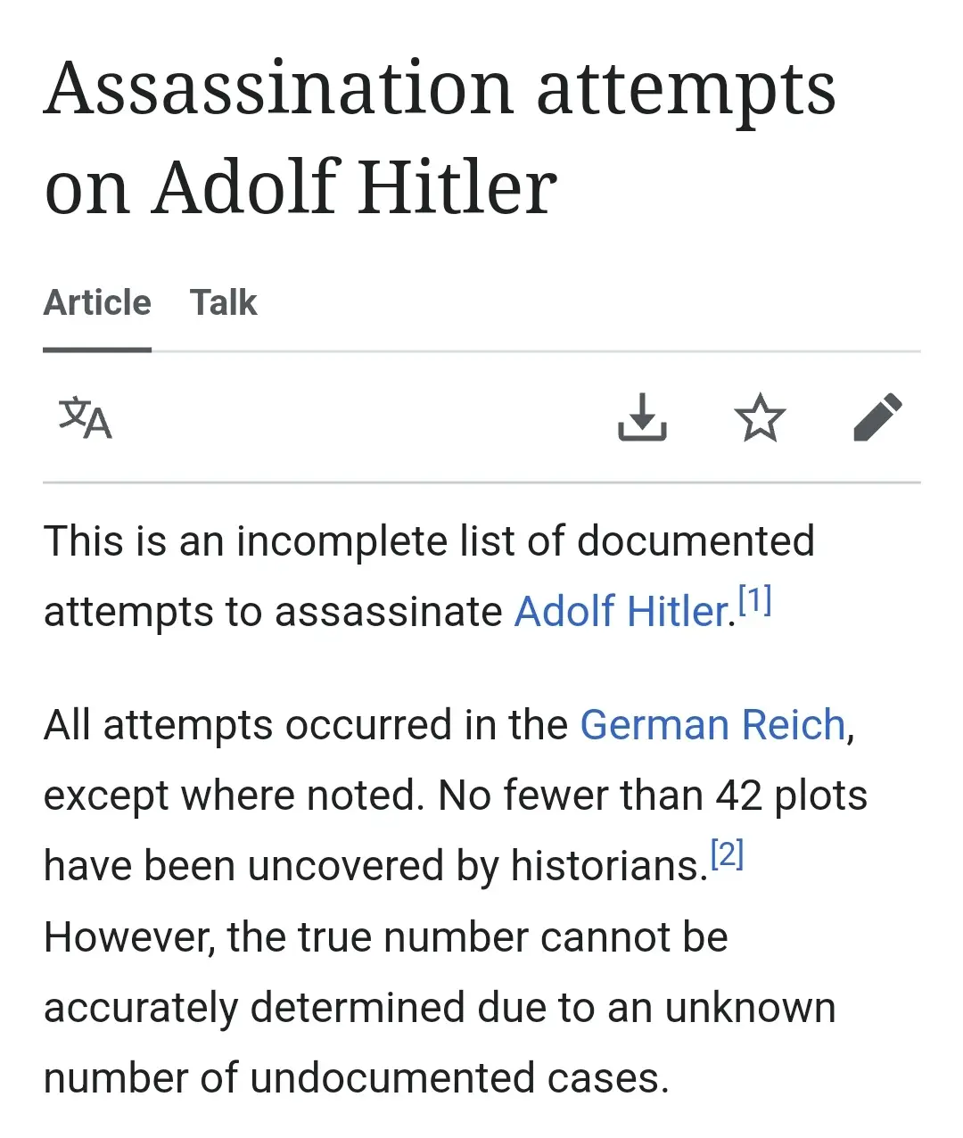 A screenshot of a Wikipedia article titled 'Assassination attempts on Adolf Hitler' showing the introduction text which…